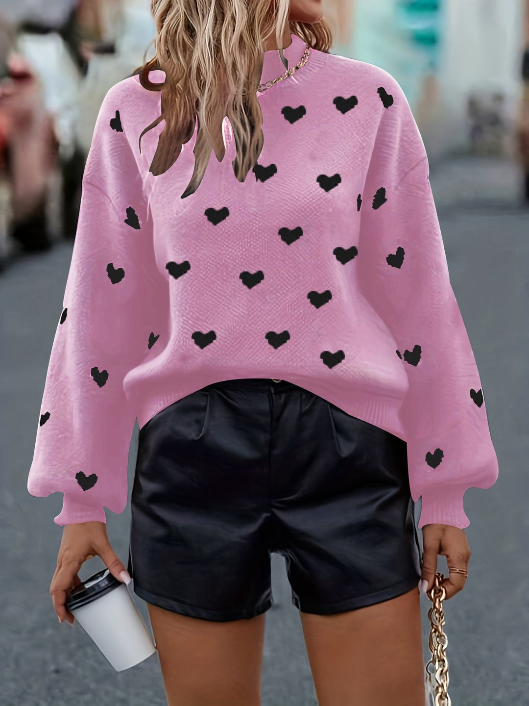 Chloey Suéter Mujer con Corazones – Jersey Suave de Cuello Redondo y Mangas Largas Casual Chic