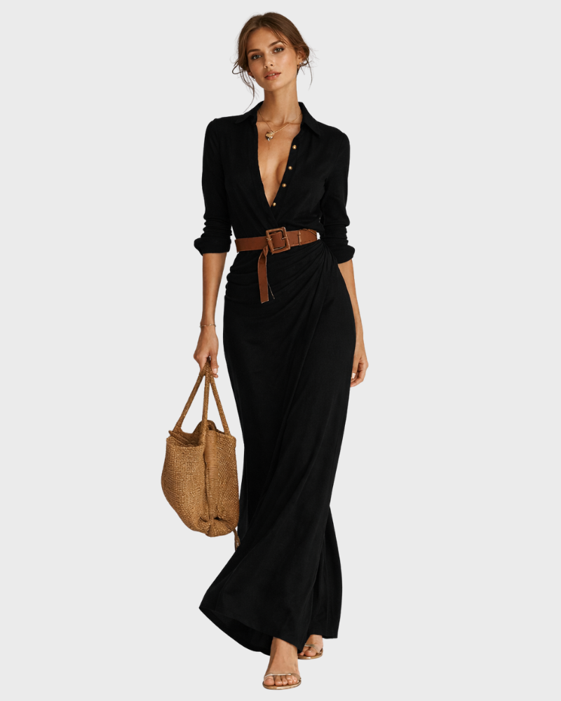 Cherry Elegant Long Women's Dress – Wrap Dress with V-Neck and Wide Belt