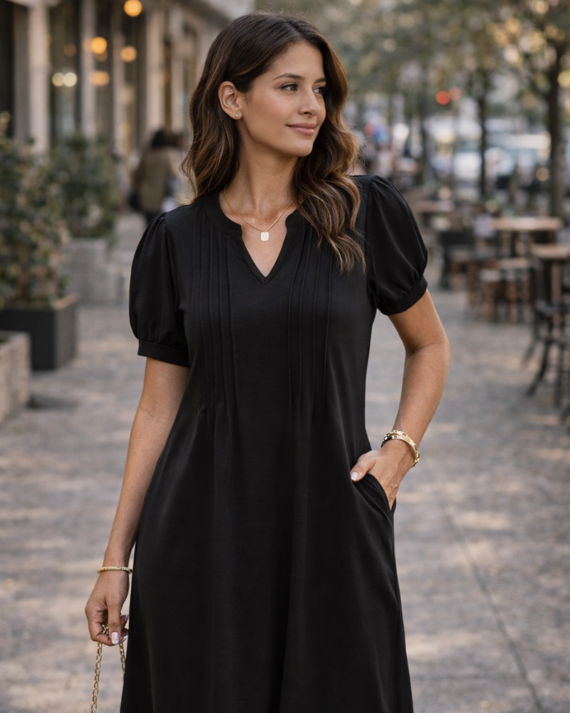 Giada Vestito Midi Donna – Scollo Henley a V, Maniche Corte & A-Line con Tasche