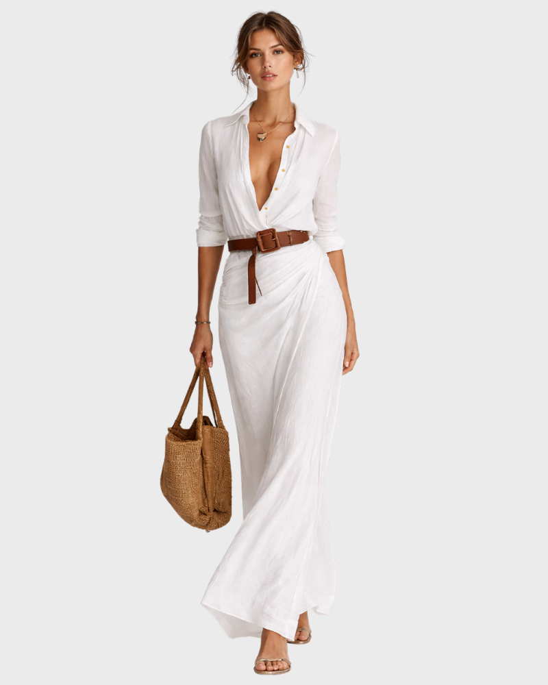 Cherry Elegant Long Women's Dress – Wrap Dress with V-Neck and Wide Belt