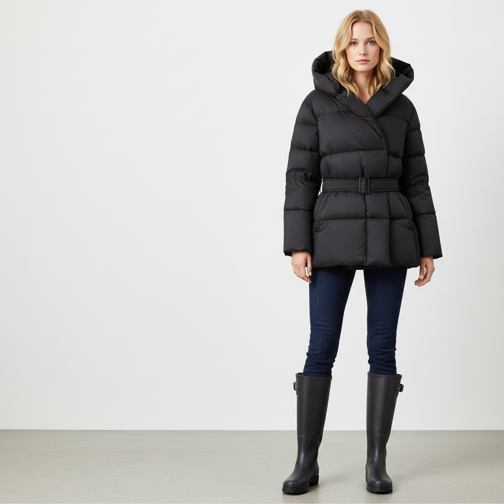 Jordyn Veste Femme Matelassée Enveloppante – Capuche, Ceinture à la Taille & Coupe Féminine