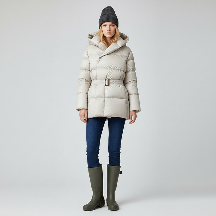 Jordyn Veste Femme Matelassée Enveloppante – Capuche, Ceinture à la Taille & Coupe Féminine