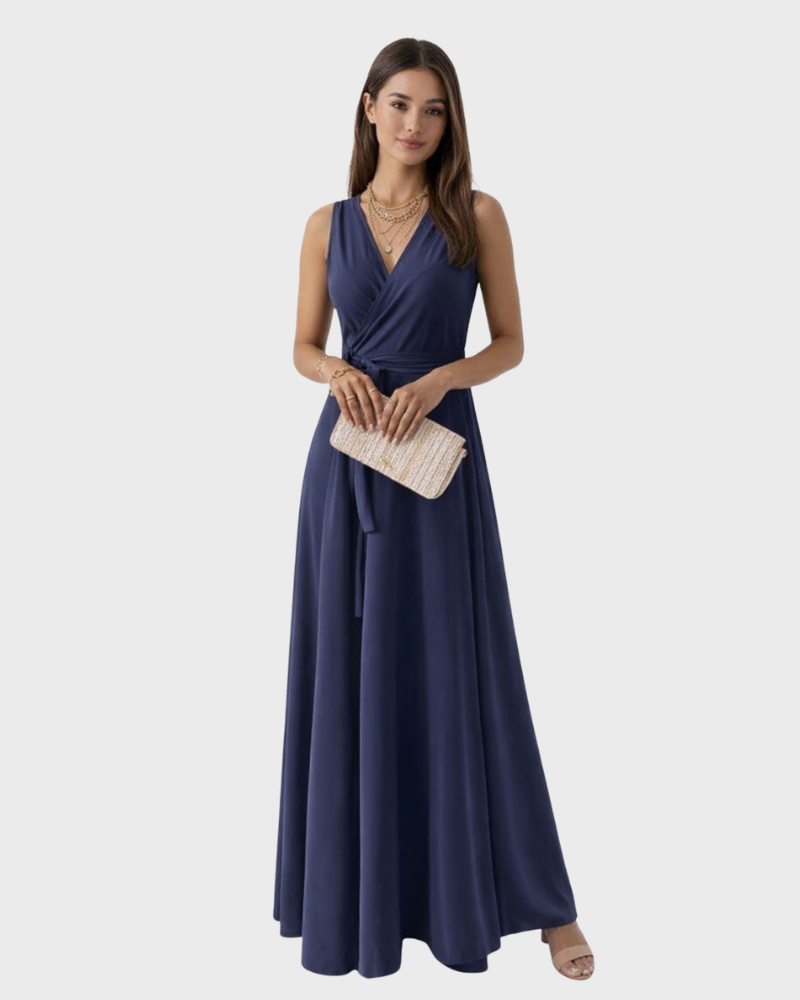 Peaches Vestido Maxi Elegante para Mujer – Vestido con Escote en V y Cinturón en la Cintura