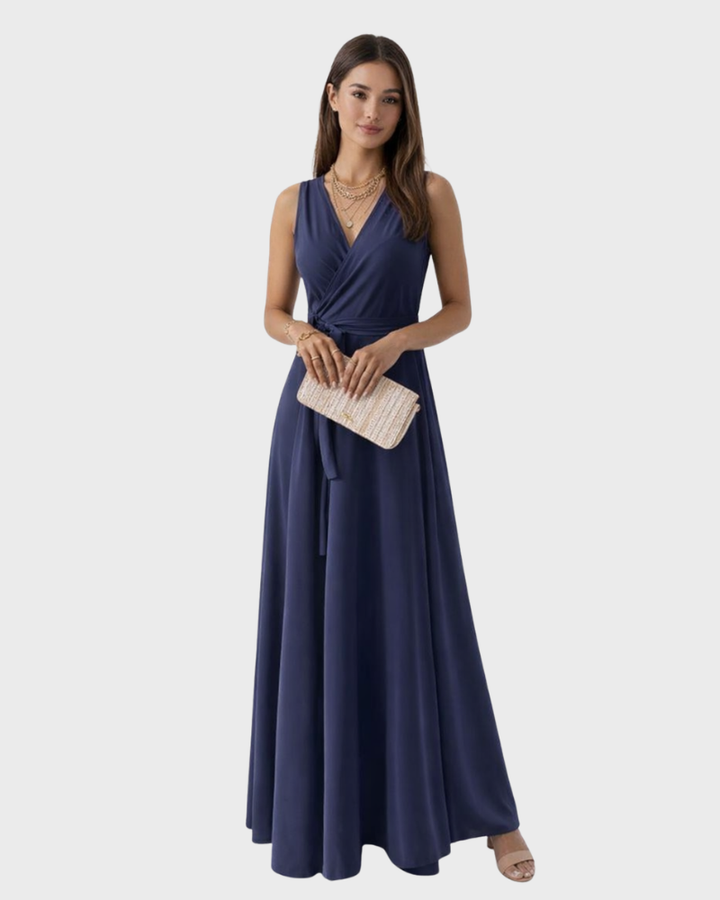 Peaches Vestido Maxi Elegante para Mujer – Vestido con Escote en V y Cinturón en la Cintura