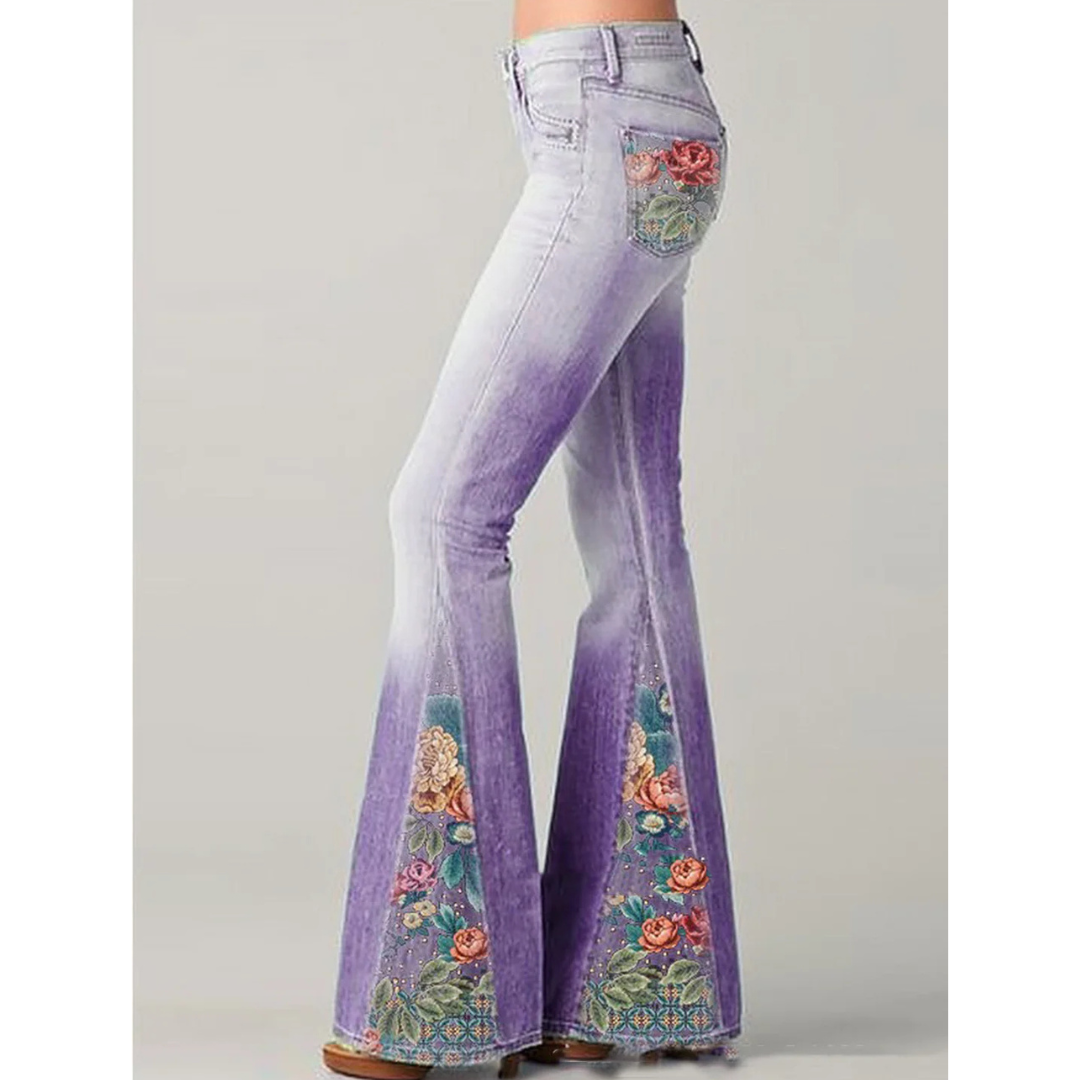 Jeans damskie z kwiatowym haftem | Rozszerzane