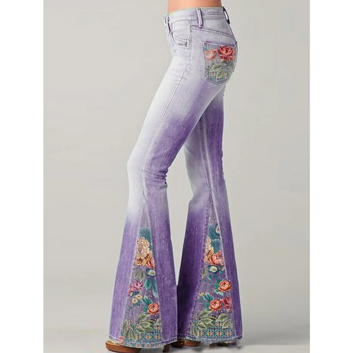 Jeans damskie z kwiatowym haftem | Rozszerzane