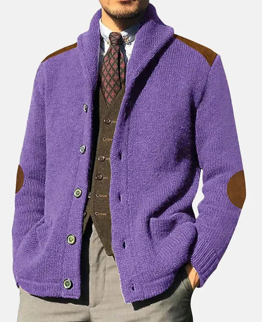 Monie Classic Men's Cardigan – Elegant Knit with Shawl Collar and Suede Details