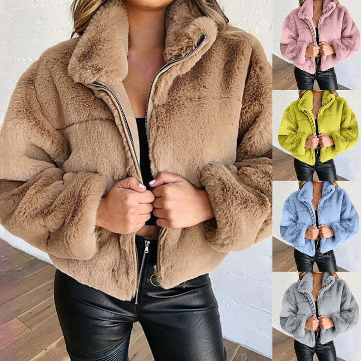 Luna Teddy-Jacke für Damen Kurz – Weiches Kunstfell mit Stehkragen und Reißverschlussverschluss
