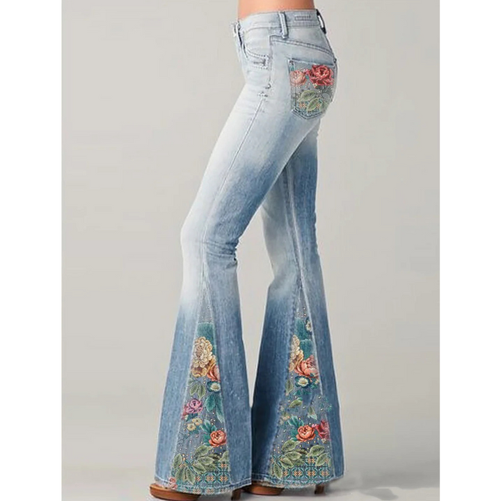 Jeans damskie z kwiatowym haftem | Rozszerzane