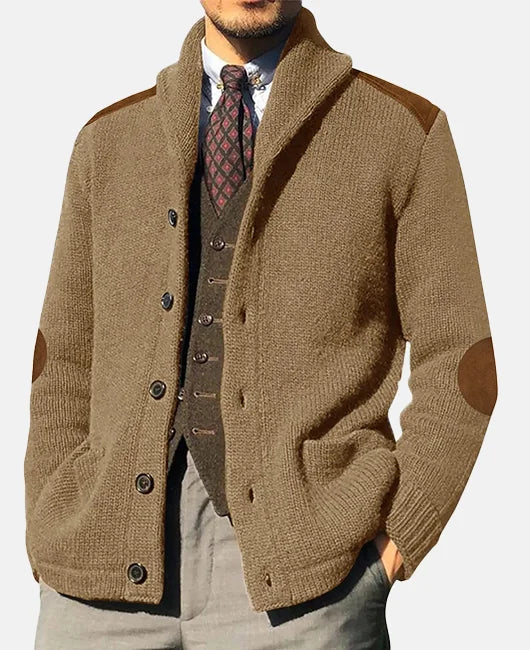 Monie Classic Men's Cardigan – Elegant Knit with Shawl Collar and Suede Details