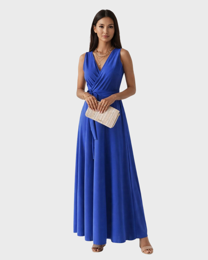 Peaches Vestido Maxi Elegante para Mujer – Vestido con Escote en V y Cinturón en la Cintura