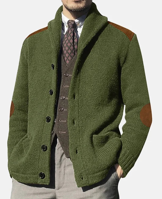 Monie Classic Men's Cardigan – Elegant Knit with Shawl Collar and Suede Details