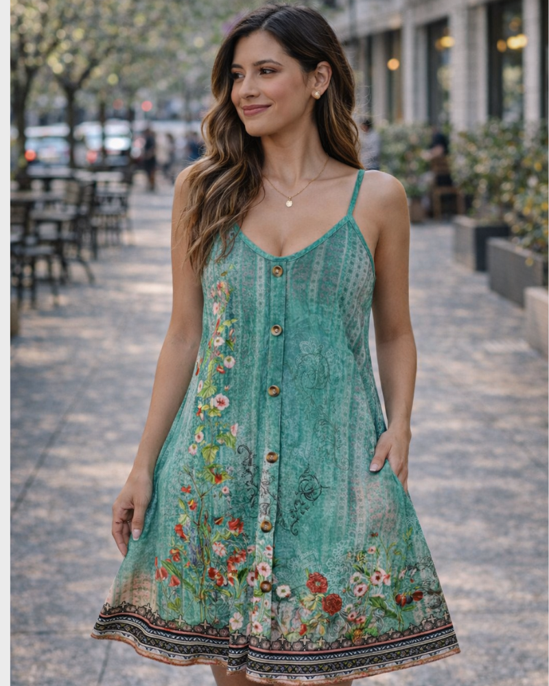 Veloura sukienka letnia damska – regulowane cienkie ramiączka, dekolt w serek i kieszenie casualowe