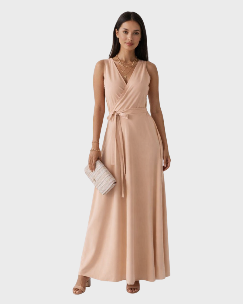 Peaches Vestido Maxi Elegante para Mujer – Vestido con Escote en V y Cinturón en la Cintura