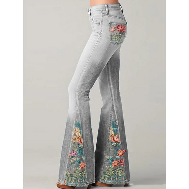 Jeans damskie z kwiatowym haftem | Rozszerzane