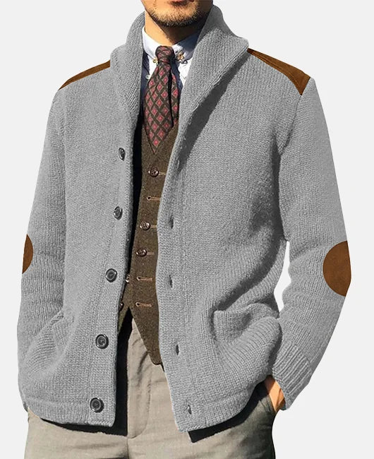 Monie Classic Men's Cardigan – Elegant Knit with Shawl Collar and Suede Details