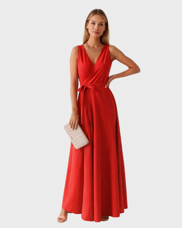 Peaches Vestido Maxi Elegante para Mujer – Vestido con Escote en V y Cinturón en la Cintura