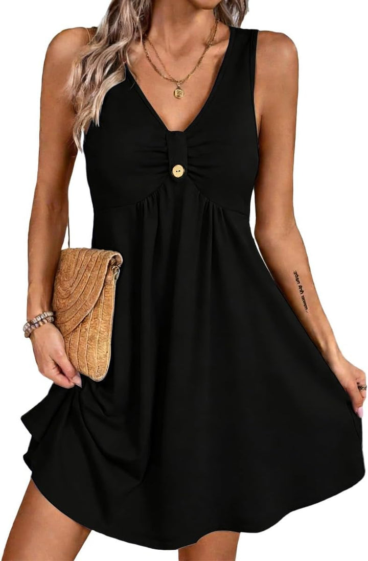 Nova Robe Mini Femme – Col V, Sans Manches & Coupe A-Line Estivale