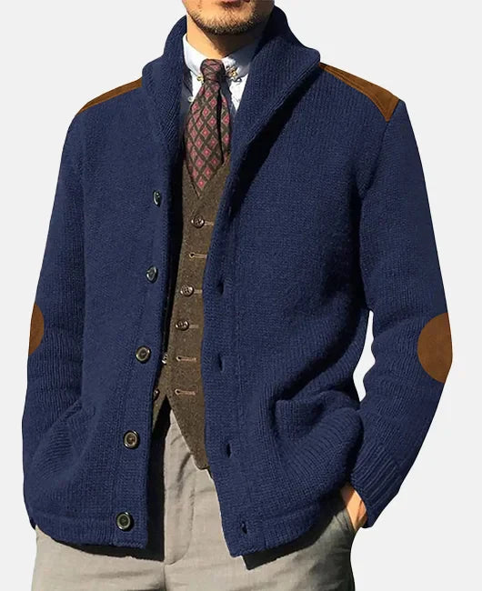 Monie Classic Men's Cardigan – Elegant Knit with Shawl Collar and Suede Details
