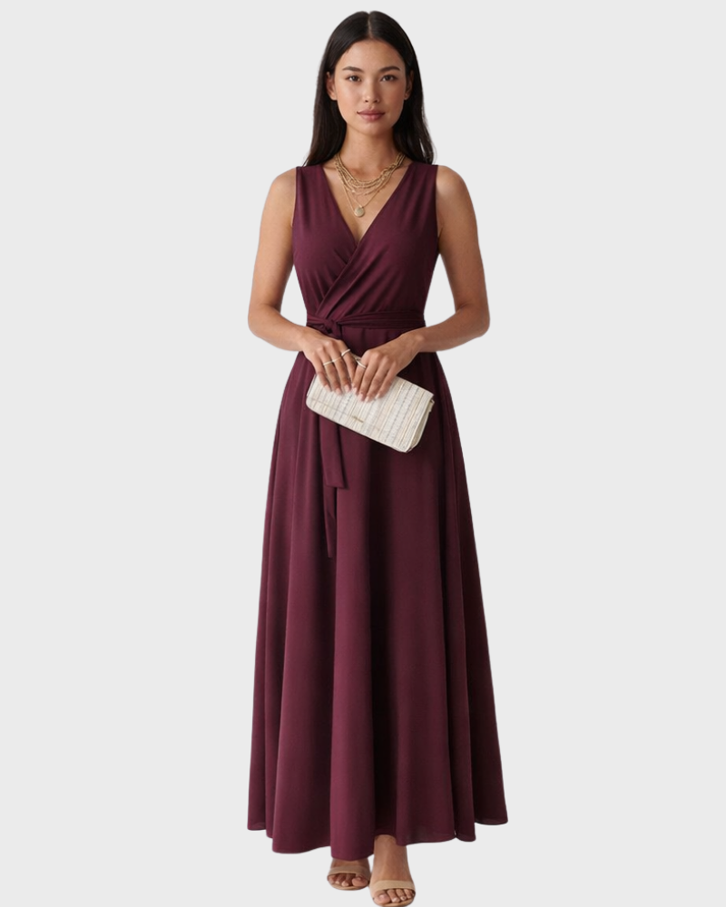 Peaches Vestido Maxi Elegante para Mujer – Vestido con Escote en V y Cinturón en la Cintura