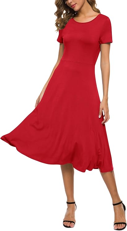 Robe Midi Reyna Femme – Taille Haute Élastique, Manches Courtes & Tissu Doux