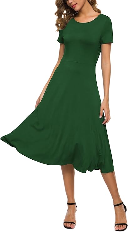 Robe Midi Reyna Femme – Taille Haute Élastique, Manches Courtes & Tissu Doux
