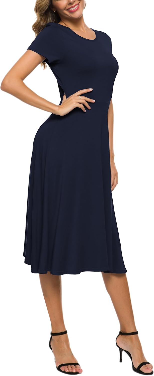 Robe Midi Reyna Femme – Taille Haute Élastique, Manches Courtes & Tissu Doux
