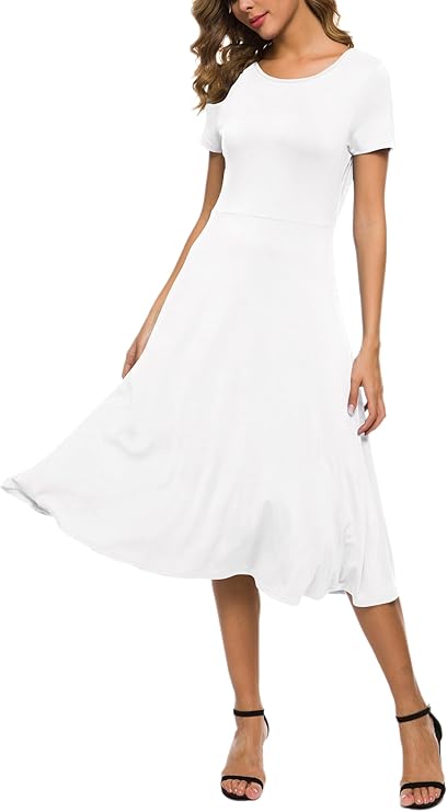 Robe Midi Reyna Femme – Taille Haute Élastique, Manches Courtes & Tissu Doux