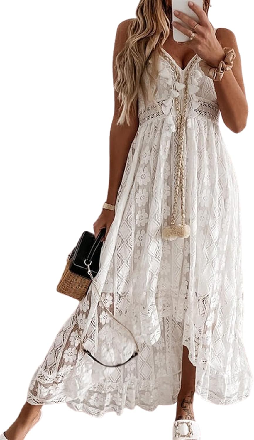 Dream Robe Maxi Femme – Col en V, Lacets & Design Bohème avec Volants Élégants