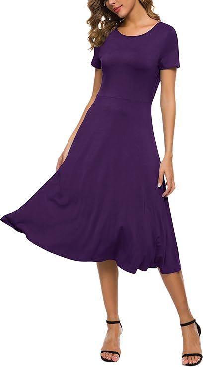 Robe Midi Reyna Femme – Taille Haute Élastique, Manches Courtes & Tissu Doux