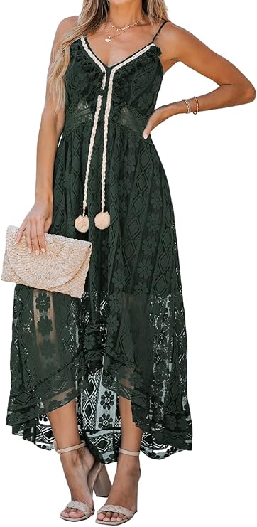 Dream Robe Maxi Femme – Col en V, Lacets & Design Bohème avec Volants Élégants