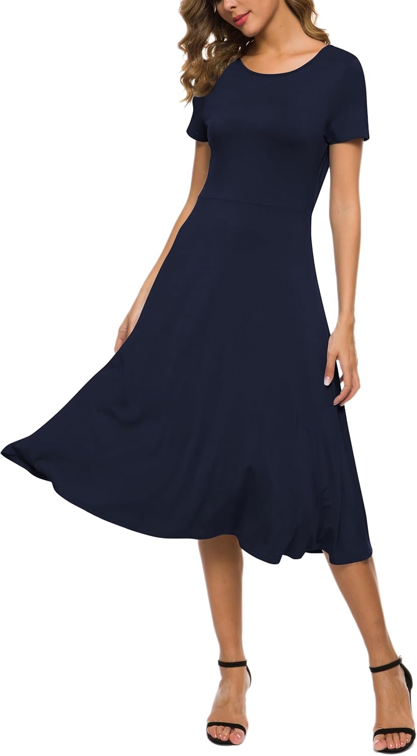 Robe Midi Reyna Femme – Taille Haute Élastique, Manches Courtes & Tissu Doux