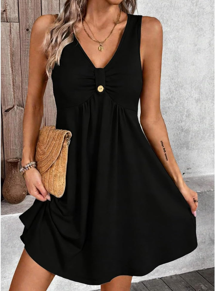 Nova Robe Mini Femme – Col V, Sans Manches & Coupe A-Line Estivale