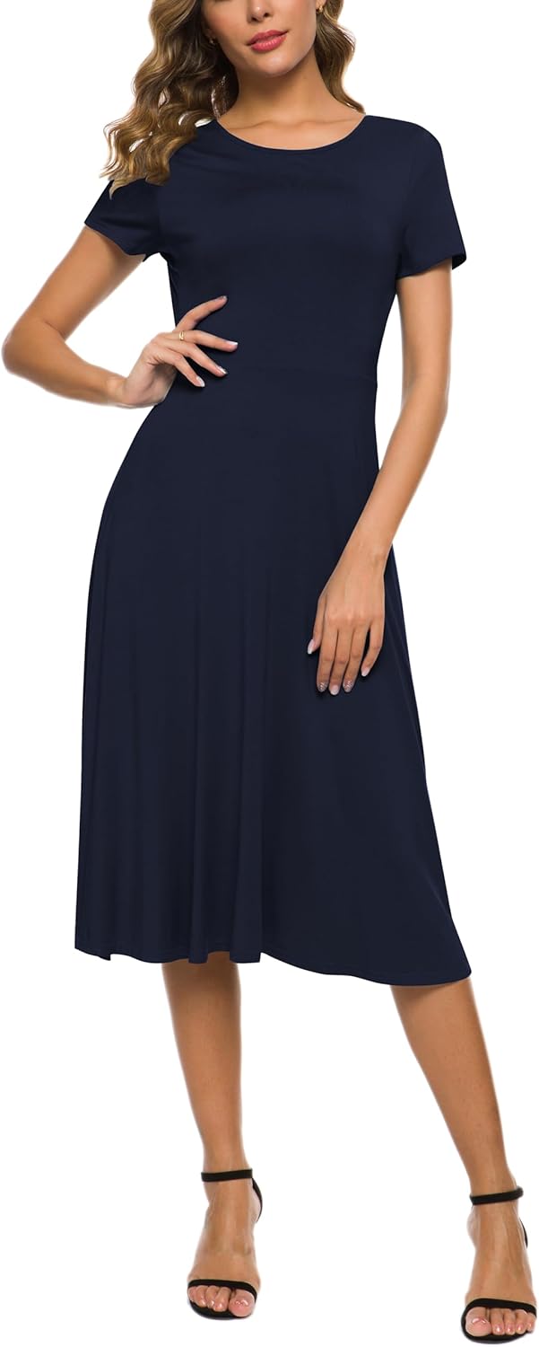 Robe Midi Reyna Femme – Taille Haute Élastique, Manches Courtes & Tissu Doux