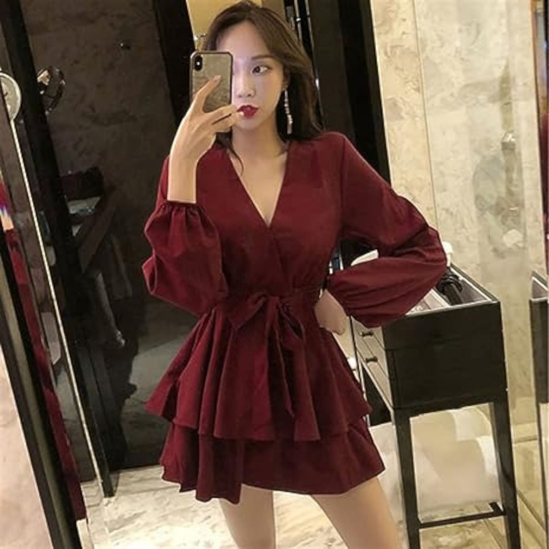 Robe de fête à volants et col en V pour femme | Mini