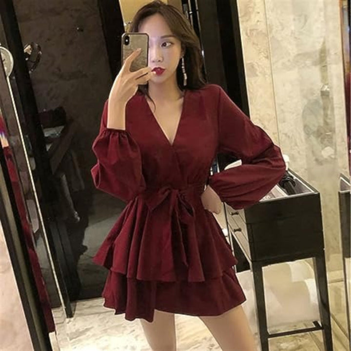 Robe de fête à volants et col en V pour femme | Mini