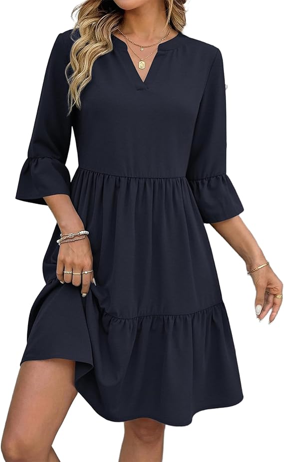 Bellamy Vestido Mujer – Escote en V, Mangas 3/4 con Volantes y Corte A con Bolsillos