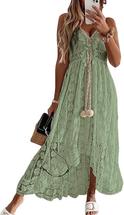 Dream Robe Maxi Femme – Col en V, Lacets & Design Bohème avec Volants Élégants