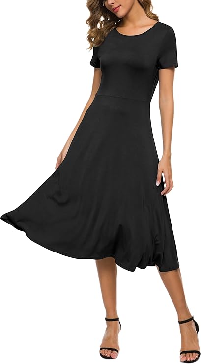 Robe Midi Reyna Femme – Taille Haute Élastique, Manches Courtes & Tissu Doux