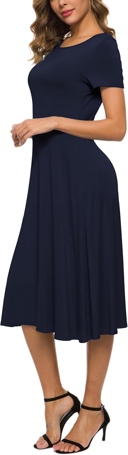 Robe Midi Reyna Femme – Taille Haute Élastique, Manches Courtes & Tissu Doux