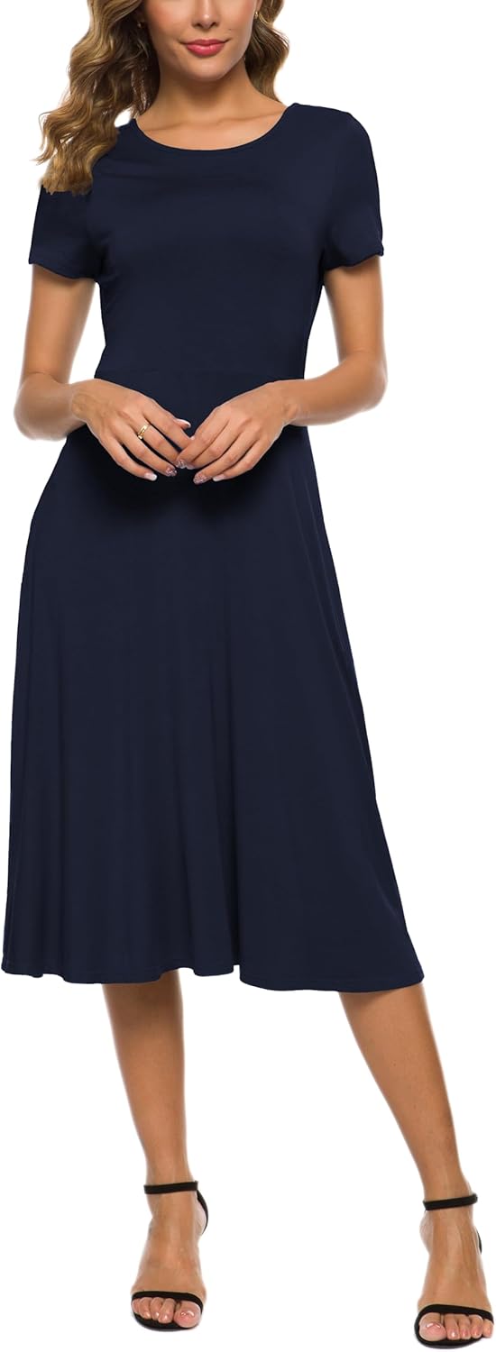 Robe Midi Reyna Femme – Taille Haute Élastique, Manches Courtes & Tissu Doux