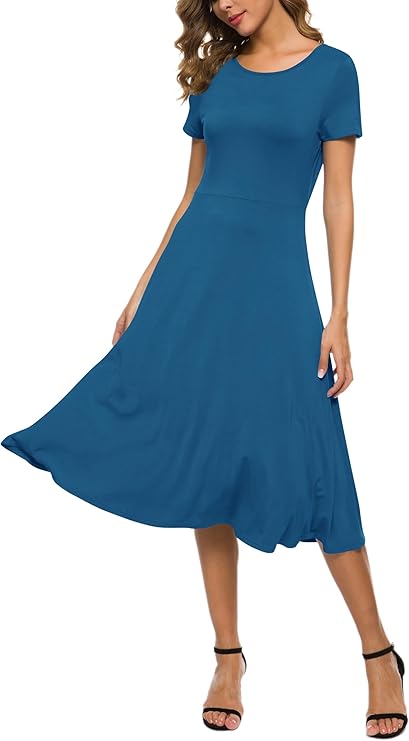Robe Midi Reyna Femme – Taille Haute Élastique, Manches Courtes & Tissu Doux