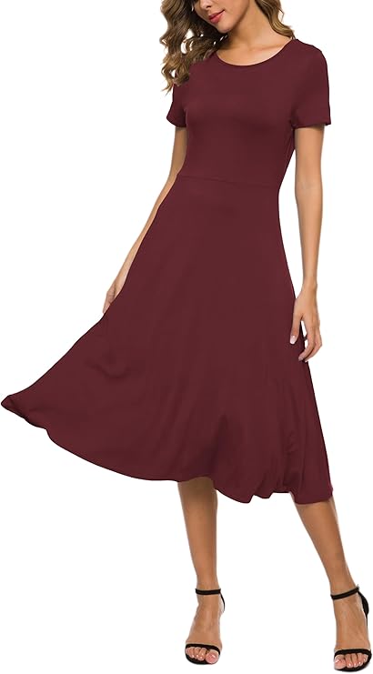 Robe Midi Reyna Femme – Taille Haute Élastique, Manches Courtes & Tissu Doux