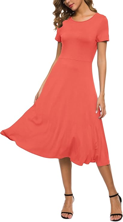 Robe Midi Reyna Femme – Taille Haute Élastique, Manches Courtes & Tissu Doux