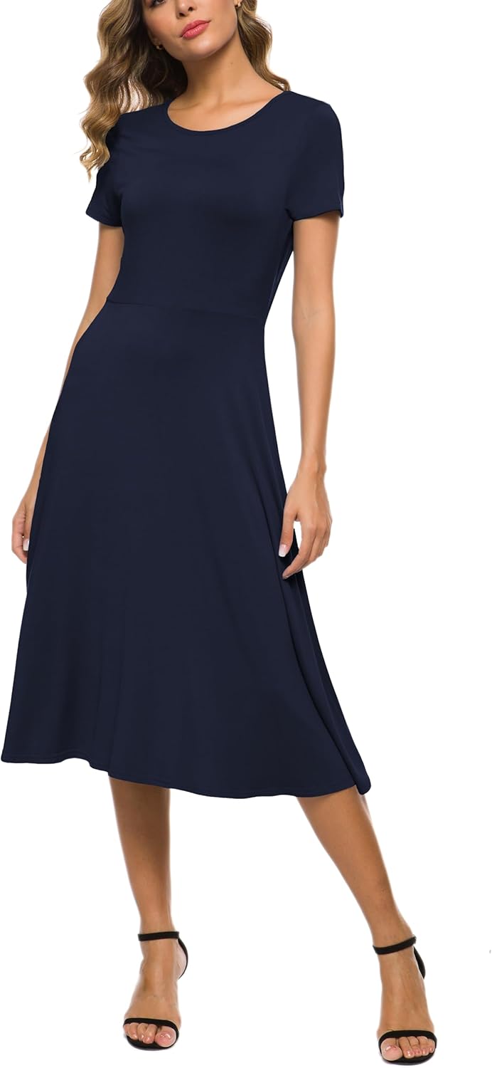 Robe Midi Reyna Femme – Taille Haute Élastique, Manches Courtes & Tissu Doux