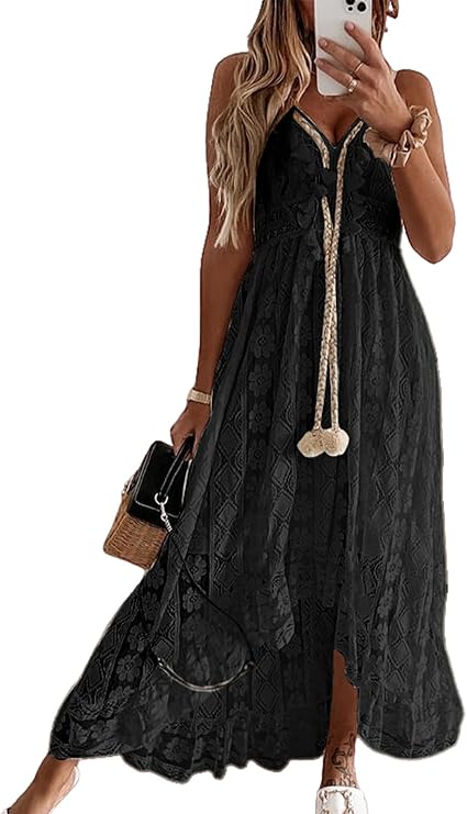Dream Robe Maxi Femme – Col en V, Lacets & Design Bohème avec Volants Élégants