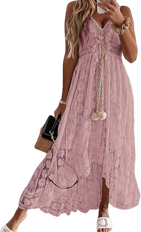 Dream Robe Maxi Femme – Col en V, Lacets & Design Bohème avec Volants Élégants