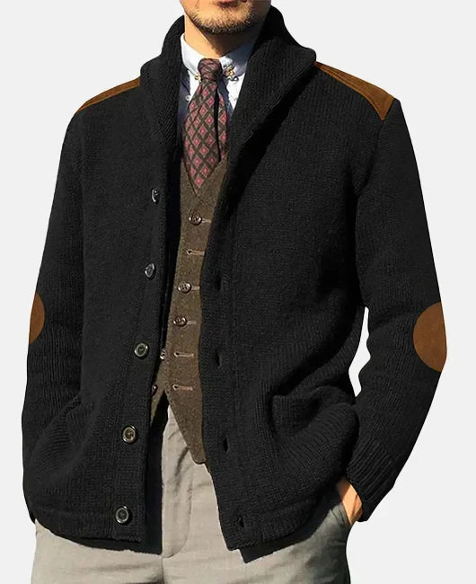 Monie Classic Men's Cardigan – Elegant Knit with Shawl Collar and Suede Details