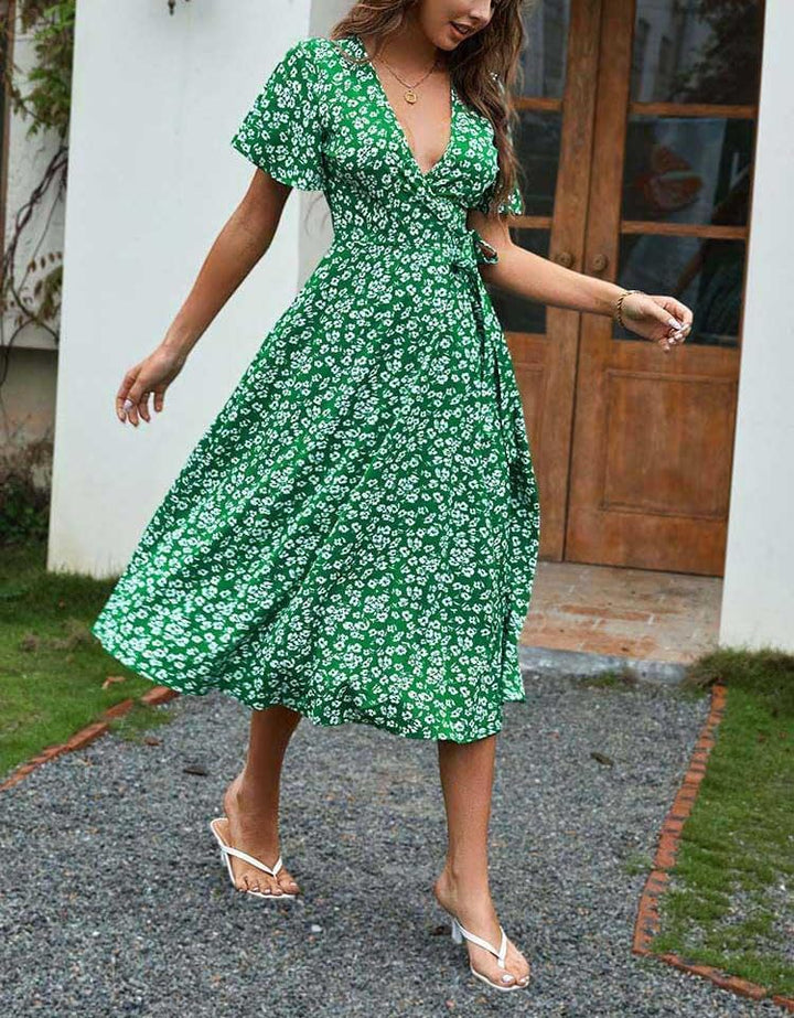 Giulia Vestido Midi Mujer – Escote en V, Cruzado Floral y Línea A Elegante de Verano