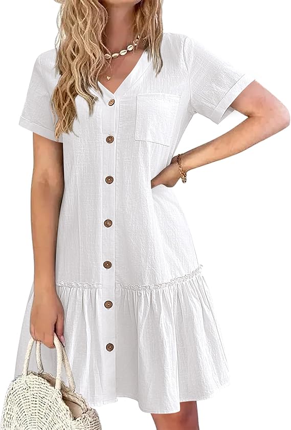 Kira Vestido Camisa Mujer – Lino Algodón, Escote en V y Botones de Madera Corte A-Line